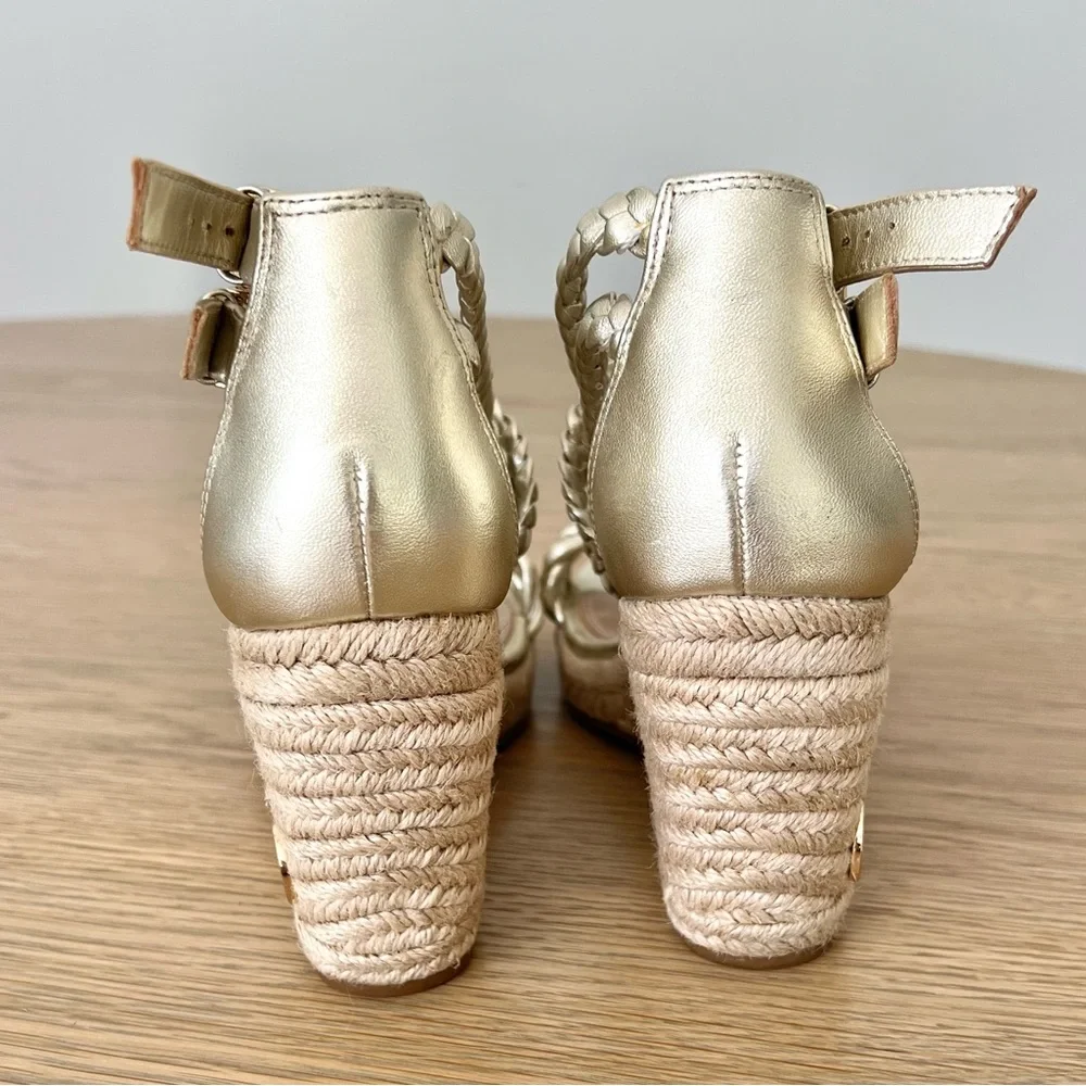 Tory Burch Bailey Metallic Leather Braid Espadrille Wedge Platform Sandals Gold - Picture 8 of 15